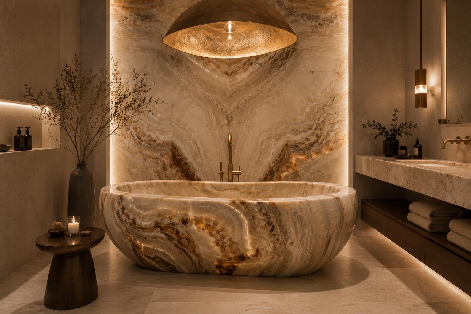 Onyx stone bath in a softly lit sanctuary